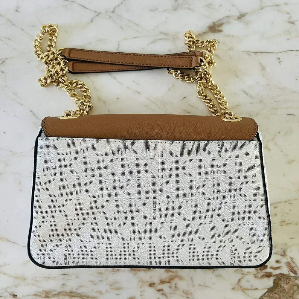 MICHAEL KORS Tina Vanilla Acorn Leather Medium Flap Shoulder Bag
